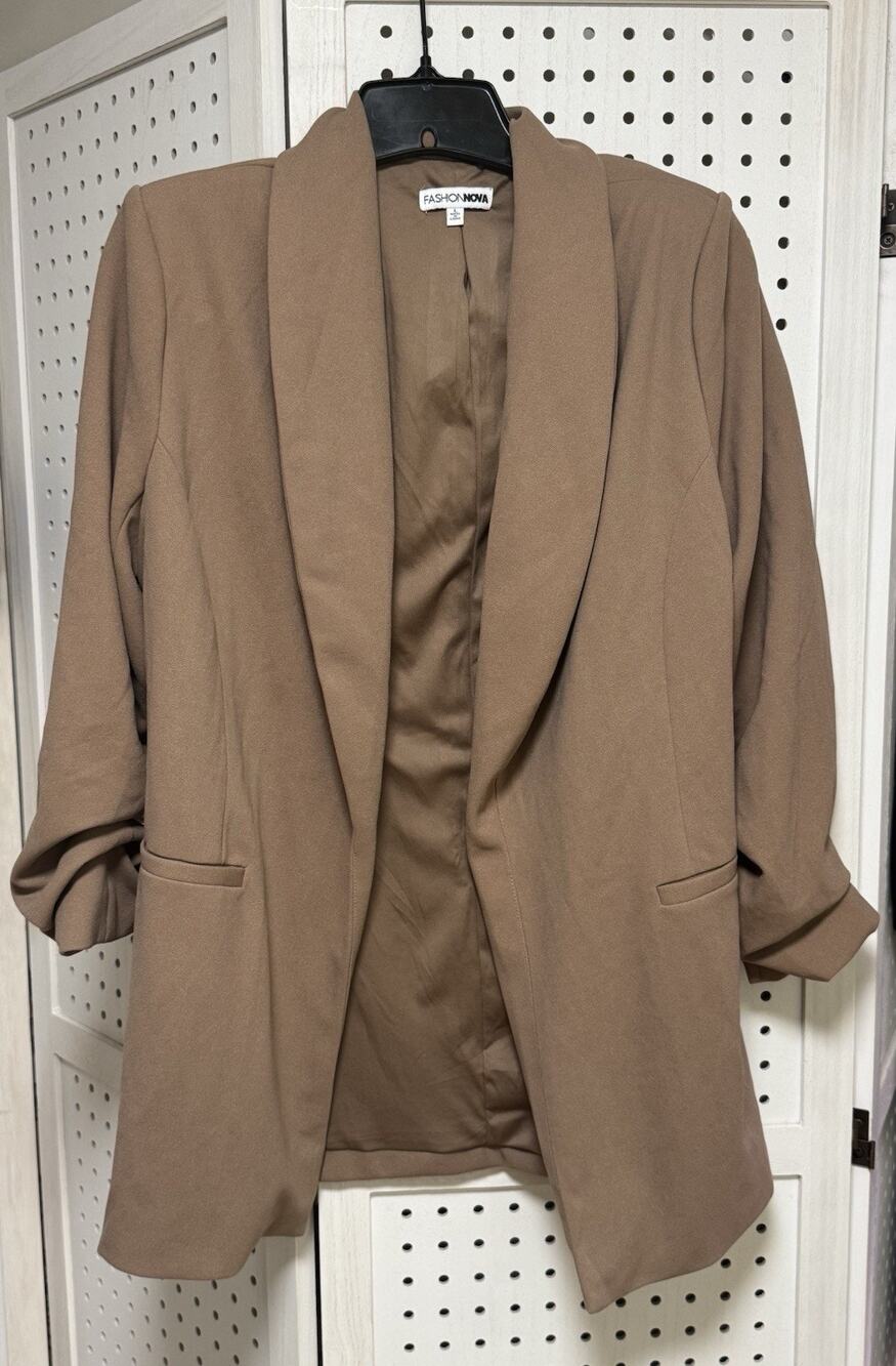 Fashion Nova Blazer Women Size L Tan Open Front Collared 3/4 Sleeve